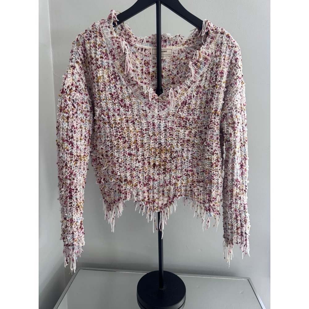 No Comment Confetti Fringe V‎ Neck Cropped Sweater Pink Multicolor Size S